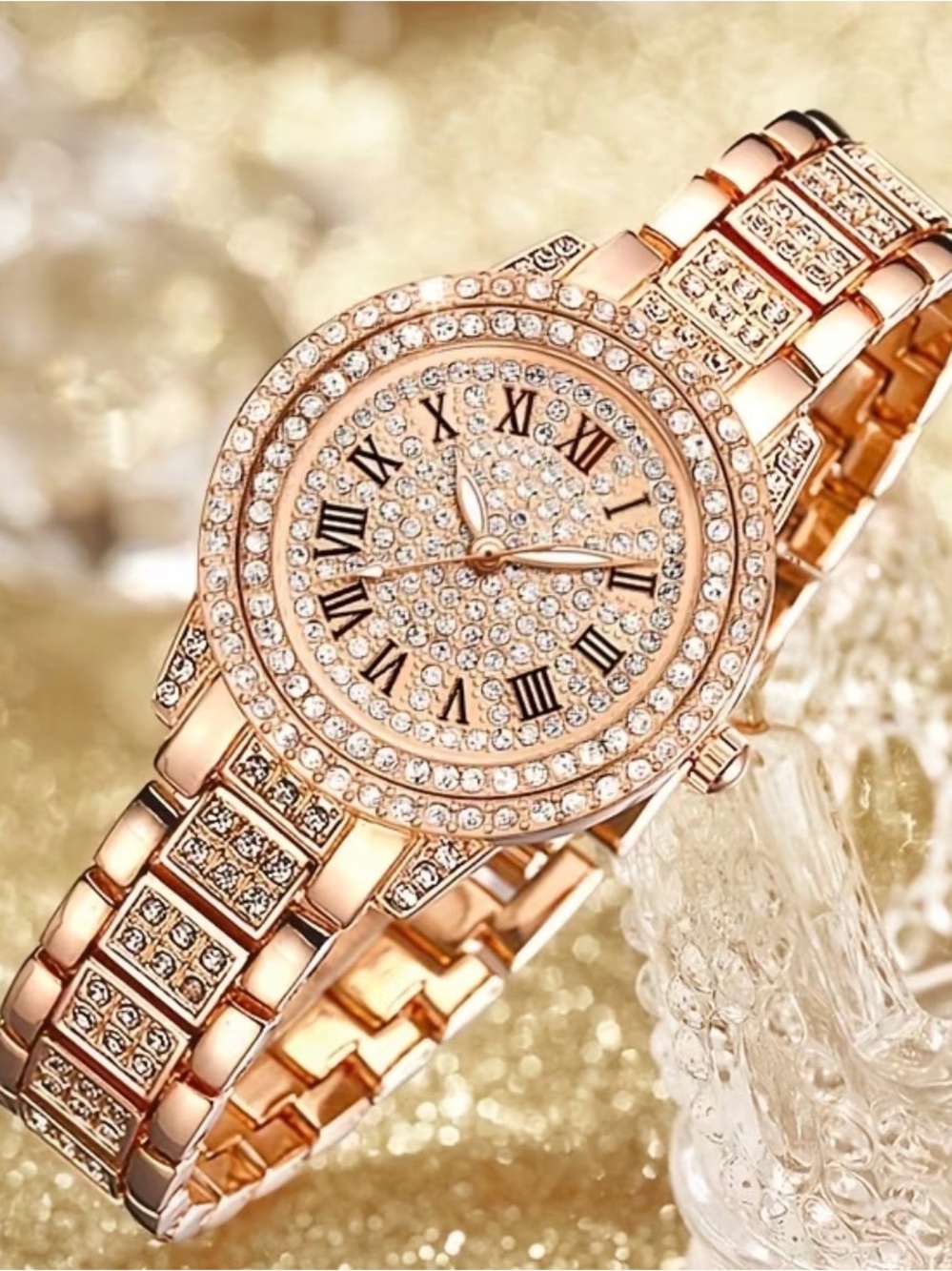 Rose Gold Crystal-Accented Women's Bracelet Watch